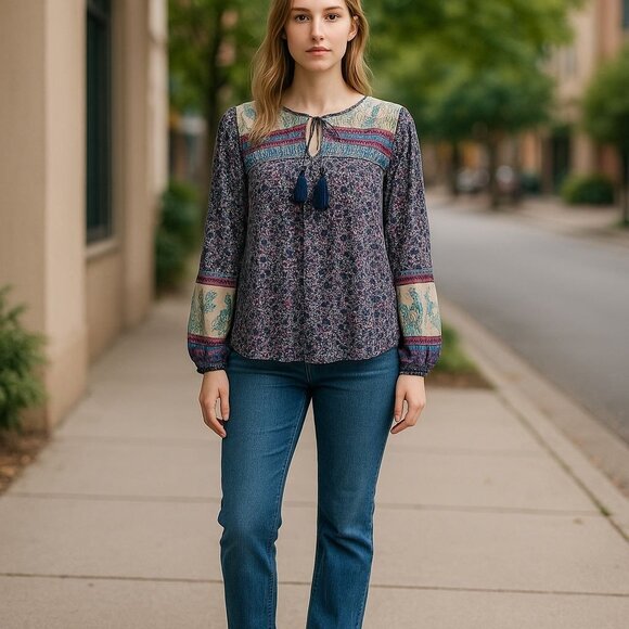 NEW Grace+Karma Peasant Blouse Tunic Women XL Pink Floral Boho Patchwork Smocked - Picture 1 of 11